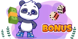 Illustration of a winking panda holding a stack of cash, standing next to the word 'BONUS' in bold, colorful letters. Two dice are displayed above, emphasizing the theme of rewards and gaming, set against a vibrant purple background.