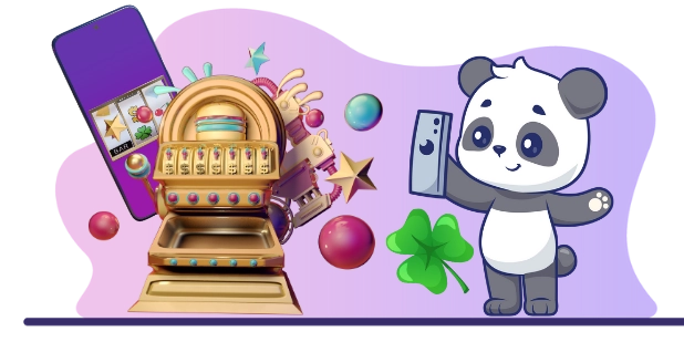 Happy panda enjoying the convenience of mobile casinos, with a smartphone and a slot machine.