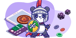 A panda dressed as a Roman gladiator, holding a shield and sword. A smartphone with a roulette wheel, dice, and casino chips are scattered around.