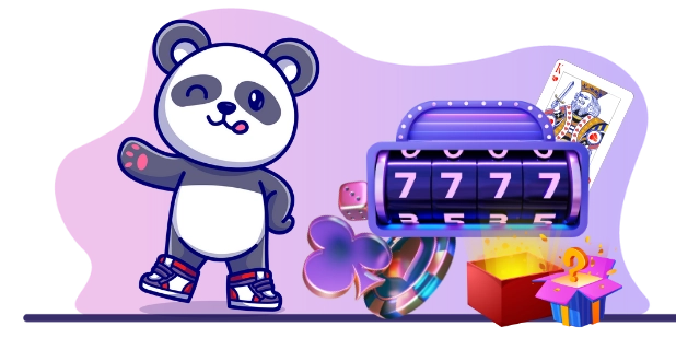 A cute panda waving, surrounded by casino symbols like playing cards, dice, and a slot machine with "777" displayed, suggesting a focus on online casinos and gambling.