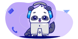 A cute panda wearing headphones is sitting at a laptop, giving a thumbs-up. There are icons for email and phone in the background.