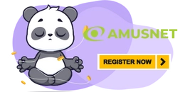 A cute panda meditating with coins floating around it. The text "AMUSNET" is displayed in the top right corner, along with a "REGISTER NOW" button.