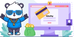 A panda wearing shades and a chain, with a credit card and "AstroPay" on a computer screen.