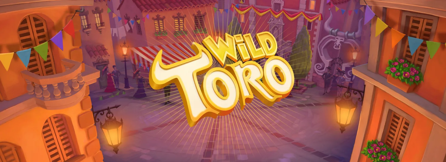 Illustration of a lively Spanish plaza with colorful banners, warm-toned buildings, and glowing street lamps. The bold yellow title 'Wild Toro' takes center stage, surrounded by a radiant burst, with festive details like flowers and a bull sculpture in the background.