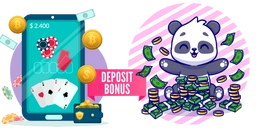 A panda surrounded by cash, next to a mobile screen showing deposit bonuses and poker chips.