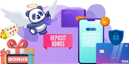 A panda with wings flying over a deposit bonus sign, a slot machine, and a secure payment screen.