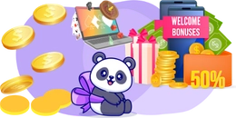 A panda with a bow sitting next to coins, a laptop, gift boxes, and a welcome bonus banner.