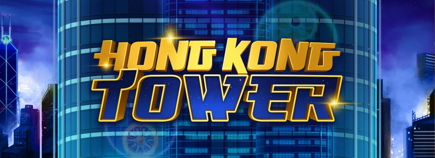 Stylized image of a futuristic Hong Kong skyline at night, featuring glowing skyscrapers and neon lights. The bold, golden title 'Hong Kong Tower' stands prominently in the foreground, set against a glass building with vibrant blue tones.