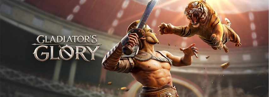 Gladiator's Glory game logo featuring a gladiator fighting a tiger in a Roman arena.