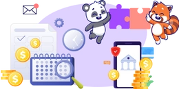 A panda and red panda jumping near a mobile screen, calendar, and financial symbols.