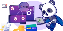 A panda with a laptop, surrounded by payment screens, coins, and a Noda Pay logo.