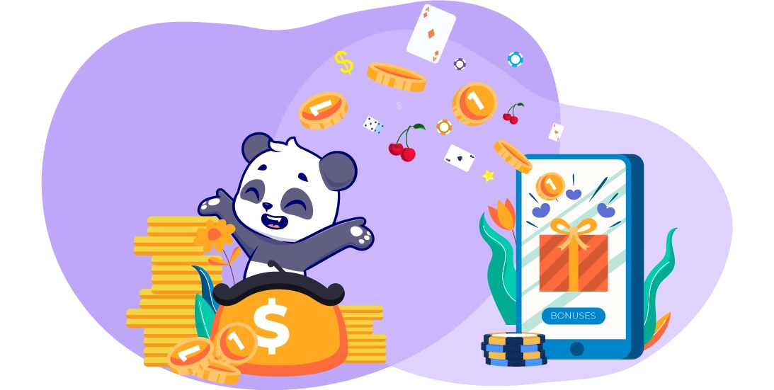 A cartoon panda sits on a pile of gold coins, holding a phone displaying a slot machine game with money symbols.