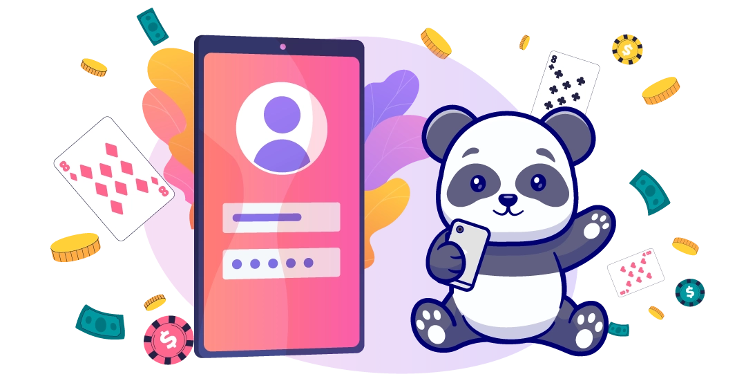 A cartoon panda stands next to a phone displaying a user login screen with a panda avatar. Playing cards and poker chips are scattered around.