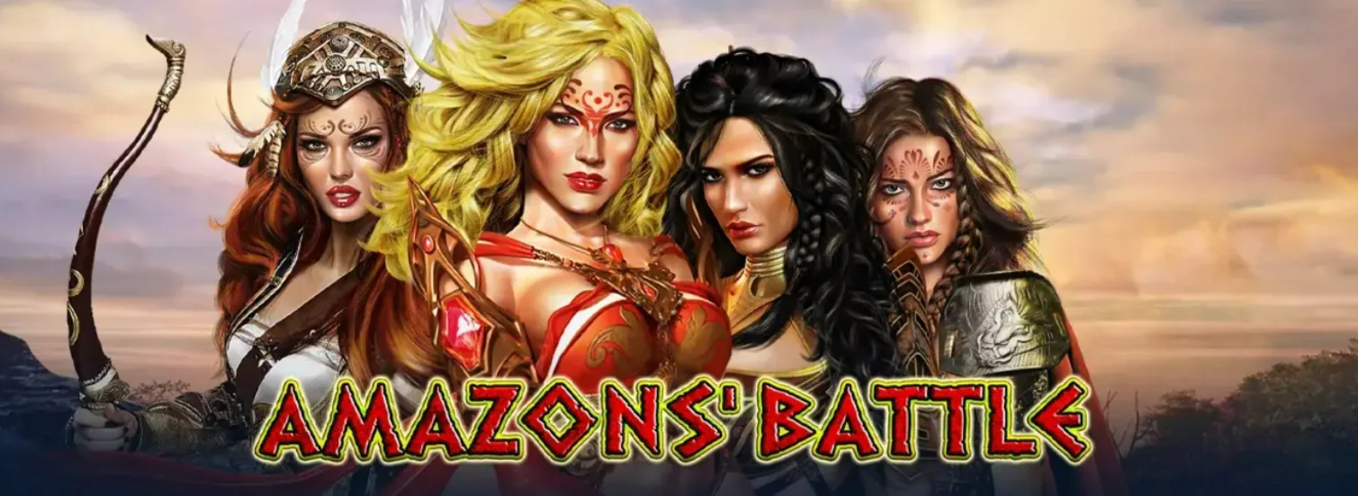 Four fierce female warriors in elaborate battle armor and warpaint stand against a sunset sky, with the bold title 'Amazons' Battle' in fiery red and gold below them.