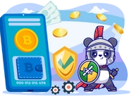 A panda in armor with a shield, beside a digital wallet and security icons.