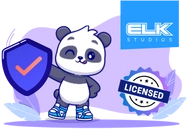 Winking panda holding a shield with a checkmark, symbolizing security, alongside a badge labeled 'Licensed.' The background features soft purple tones with the 'ELK Studios' logo in the top right corner, emphasizing trust and credibility.