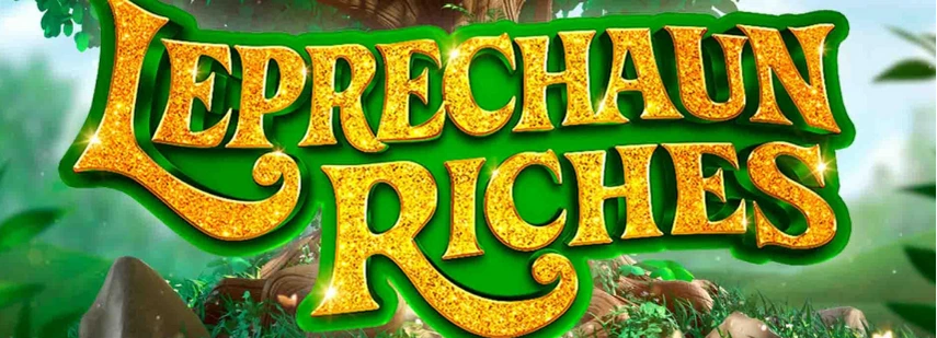 Leprechaun Riches logo, with a leprechaun, a pot of gold, and a magical forest background.