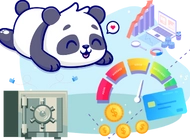 A panda lying down, surrounded by financial indicators, coins, a credit score gauge, and a safe.