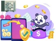 A panda beside mobile screens showing a money transfer, shield, safe, and coins.