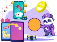 A panda with a skateboard beside a mobile screen showing money transfer and poker chips.