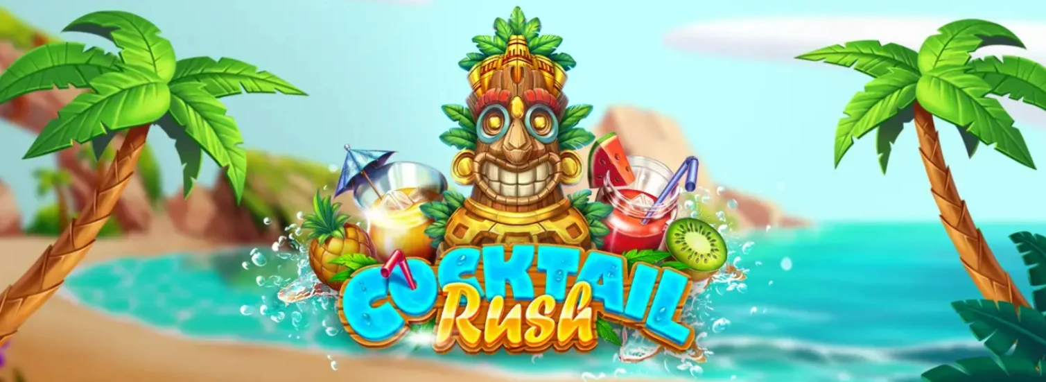 A tropical beach scene with palm trees and turquoise water, featuring a cheerful tiki statue surrounded by colorful cocktails and fruit, with the title 'Cocktail Rush' in vibrant blue and yellow.