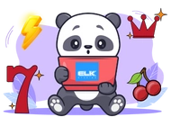 A cute panda holding a red tablet with the 'ELK Studios' logo, surrounded by colorful gambling symbols including a crown, cherries, a number seven, and a lightning bolt. The background features soft purple tones with playful decorative elements.