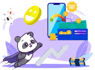 A panda with a cape flying towards a fast pay indicator, a mobile wallet, and poker chips.