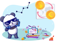 A panda with sunglasses holding a camera, surrounded by financial symbols and graphs.