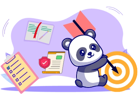 A cute panda aiming a dart at a target, surrounded by productivity tools like a checklist and a book, suggesting a focus on goal setting and achievement.