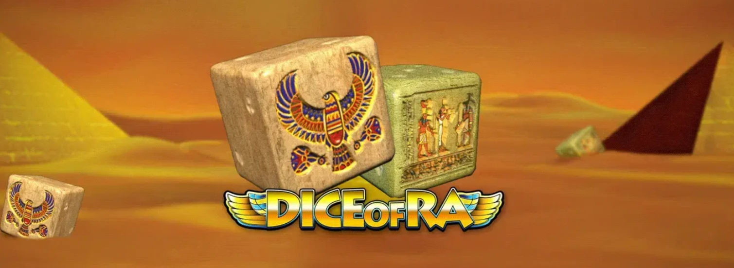 Two dice with Egyptian hieroglyphs on them, set against a backdrop of a desert landscape with pyramids. The text "DICE OF RA" is displayed prominently.