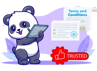 A cheerful panda holding a tablet, standing next to documents labeled 'Terms and Conditions' with checkmarks indicating approval. A red badge with a thumbs-up icon and the word 'Trusted' emphasizes reliability, set against a soft purple background.