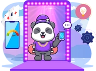 A panda standing in a lit-up frame, holding a smartphone, with a mobile screen and financial symbols.