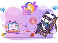 A panda relaxing on a lounge chair with financial icons, a checkmark, and a computer screen.