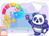 A panda holding a butterfly, with coins, a credit score gauge, and a paper plane.