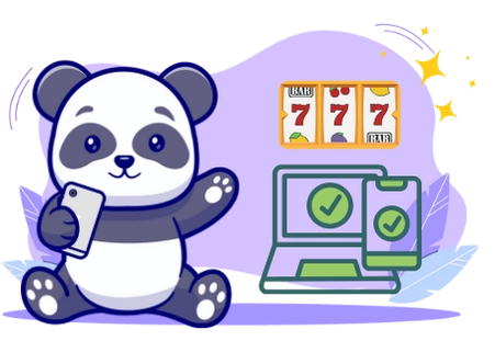 Playful panda promoting mobile casino gaming, with a smartphone, laptop, and a slot machine.