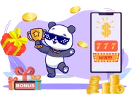 A panda holding a trophy with gift boxes, coins, and a slot machine showing a winning screen.