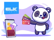 A playful panda winking while holding colorful credit cards, next to a smartphone displaying coins and a wallet. The 'ELK Studios' logo appears in the top left corner, set against a soft purple background with decorative accents.