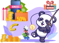 A panda fishing for a coin with bonuses, promotions, coins, and a golden horseshoe.