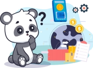 A panda looking puzzled beside a globe, Bitcoin wallet, and financial documents.