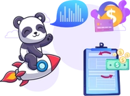 A panda riding a rocket, next to financial documents, charts, and a mobile wallet.