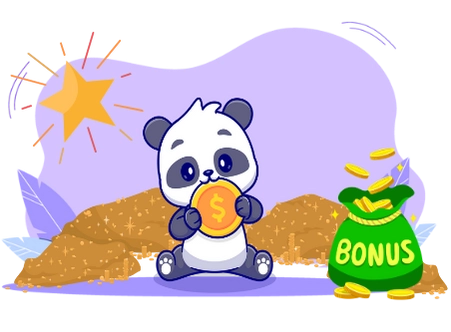 Happy panda celebrating a casino bonus, with a pile of coins and a bonus bag.