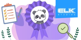 Illustration of a purple ribbon with a winking panda in the center, symbolizing recognition or achievement. Surrounding elements include a checklist on a clipboard, a pencil, a magnifying glass with a checkmark, and the 'ELK Studios' logo in the top right corner, all set against a soft purple background.