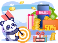 A panda aiming a dart at a target, with bonuses, coins, and a 50% promotion sign.