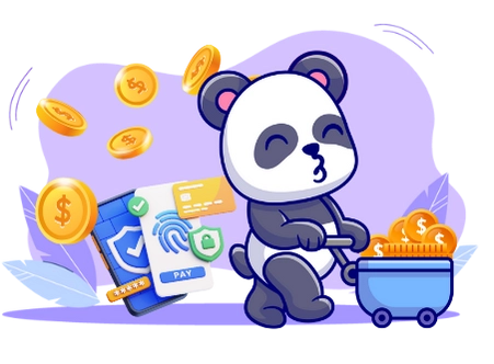 A cute panda pushing a cart full of coins, with a smartphone showing secure payment options, suggesting a focus on online payments and financial transactions.