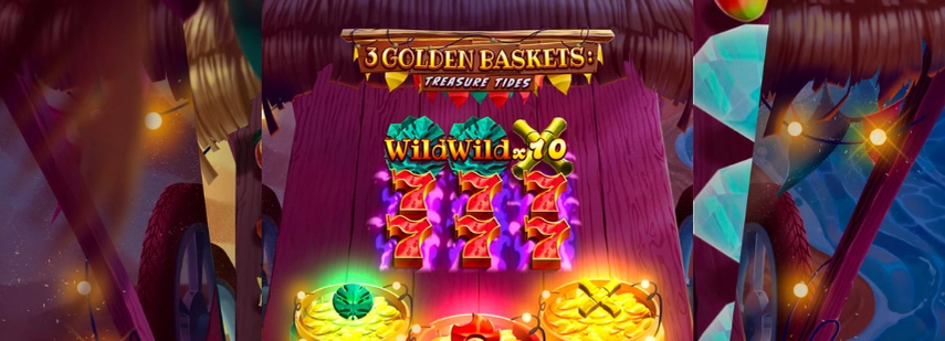 3 Golden Baskets slot game with a treasure chest theme and a "Wild x10" feature.