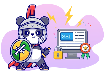 A cute panda dressed as a Roman soldier, protecting a computer with an SSL certificate, suggesting a focus on online security.