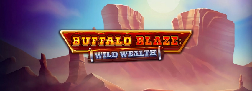 Buffalo Blaze: Wild Wealth slot game logo with a desert landscape.