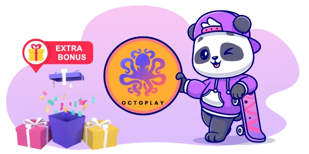 A cool panda holding a skateboard and the Octoplay logo, with gift boxes and an "EXTRA BONUS" sign, suggesting a focus on online casino bonuses and promotions.