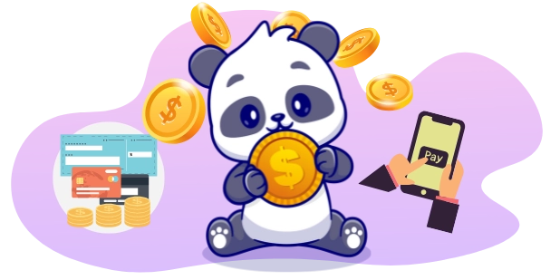 Happy panda enjoying the convenience of online payments, with a smartphone, credit cards, coins, and a gold coin.