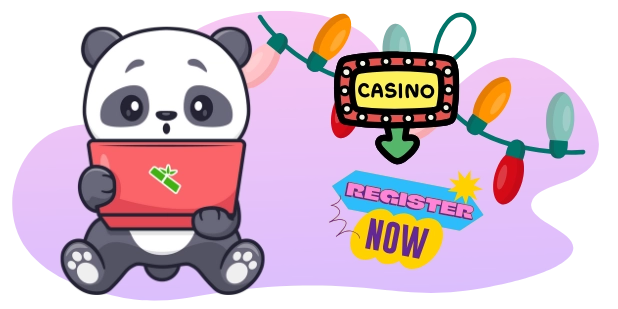 Playful panda encouraging users to register at an online casino, with a laptop and a "REGISTER NOW" button.